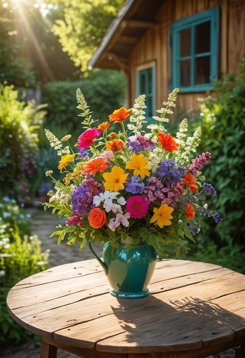 A beautifully arranged bouquet showcasing a variety of flowers in bloom, seamlessly transitioning from vibrant seeds on one side to a stunning bouquet on the other. Include a gardener tending to their plants with tools in hand, surrounded by lush greenery and colorful blossoms. Soft sunlight filters through the leaves, casting gentle shadows. The background features a rustic wooden table and a garden setting. super-realistic. vibrant colors. soft focus.
