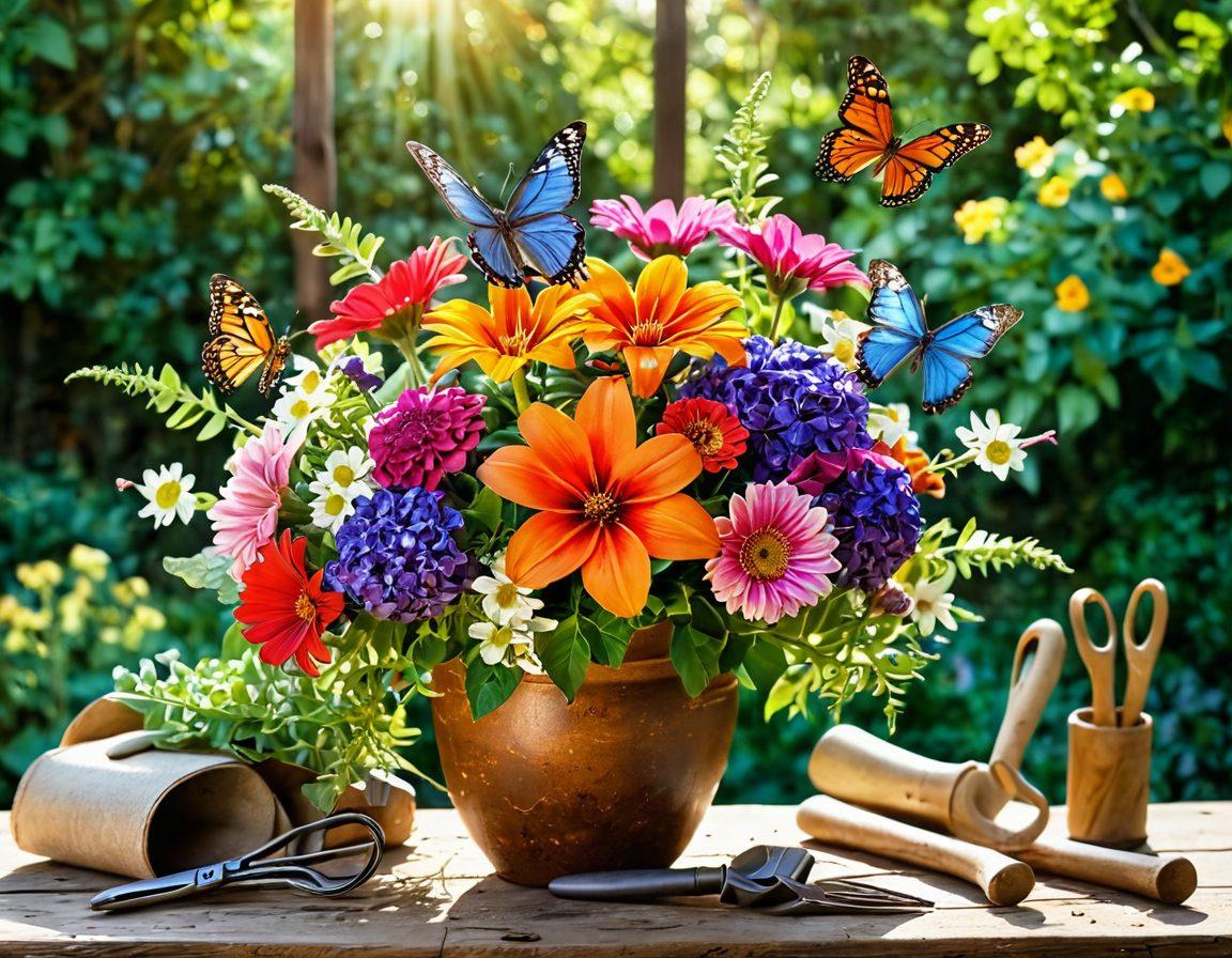 A vibrant and colorful flower arrangement in a rustic vase surrounded by various garden tools and blooming flowers in the background. Sunlight filters through lush greenery, casting a warm glow, emphasizing the beauty of nature. Include butterflies fluttering nearby for an inspiring touch. bright colors. botanical illustration. soft focus.