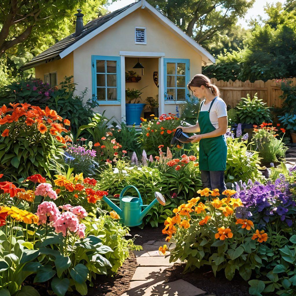 A lush, vibrant garden filled with colorful blooming flowers, a gardener gently tending to the plants with watering can in hand, surrounded by various gardening tools and pots. Sunlight streaming through the leaves, creating a warm and inviting atmosphere. A butterfly fluttering nearby adds a touch of whimsy. super-realistic. bright colors. natural lighting.